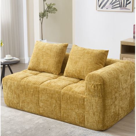 Sofá de 2 plazas de chenilla amarilla con bolsillos laterales y cojín, 158x90x60 cm DESVIAE (1/5)