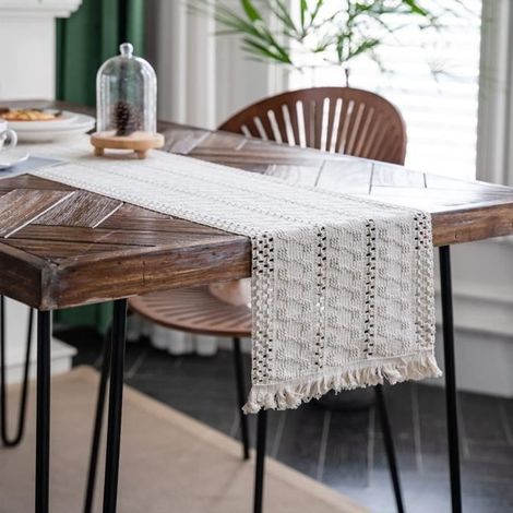 Rustikaler Makramee-Tischläufer (Beige), beige, Tischläufer im Bohème-Stil mit Fransen, für Esstisch, Hochzeit – 30 x 180 cm