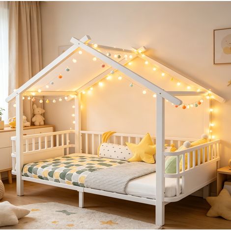 Cama infantil 90x200 cm blanca de metal con estructura de casa y barandillas de seguridad (1/5)