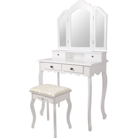 ML-Design Coiffeuse Table de Maquillage Blanc avec Tabouret , 3 Miroirs Rabattables, 4 Tiroir, 75x140x40 cm, Table de Toilette en Bois MDF, Table de Cosmétique Style Campagnard pour Dames et Filles (1/5)