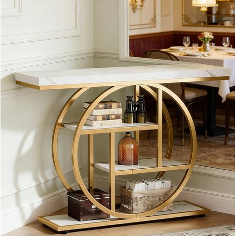 Table console 105 x 30 x 80 cm en métal et bois, blanc et doré HAVRYA (1/5)