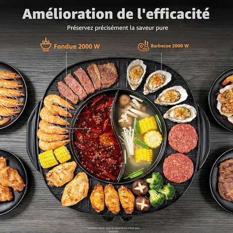 Appareil à fondue chinoise avec grill 2 en 1, Appareil À Fondue Électrique avec Grill 4000W, Hot Pot Chinois 2 en 1 Barbecue Coréen de Table, Marmite Multifonction 5-6 Personnes 26cm (1/5)