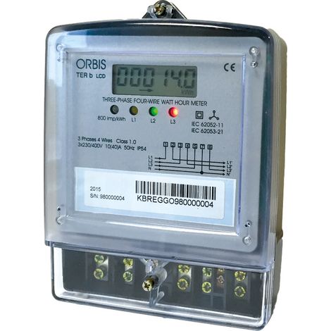 TER b LCD Contatore trifase energia attiva, da parete, 60A, inserzione diretta, display digitale, lampeggio LED 1.25Wh/imp