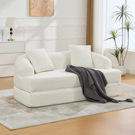 Sofá cama convertible 157x84x65 cm beige en chenilla con 2 cojines y apertura sin montaje (1/5)