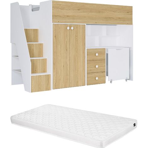 Letto a soppalco 90 x 190 cm con armadio e scrivania Bianco e naturale + Materasso  - LANILATO