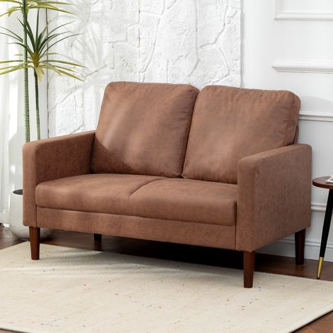 Sofá de 2 Plazas Tapizado en Microfibra con Patas de Madera Reposabrazos 130x78x85 cm Marrón (1/5)
