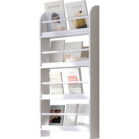 4-stöckiges weißes Wandregal aus Holz zur Aufbewahrung von Büchern und Zeitschriften, Maße 59 x 12 x 113 cm