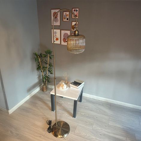 Lampadaire Orlena Verre, Moderne, Lampadaire pour Salon, Chambre à Coucher, Chambre d'enfant avec Douille E27, Largeur 37 cm, Abat-jour Réglable, Lampadaire avec Tablette et Variateur (1/4)