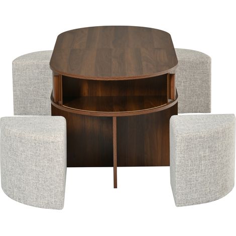 Tavolino da caffè ovale contenitore in MDF e truciolare con sgabelli in tessuto, finitura noce (1/5)