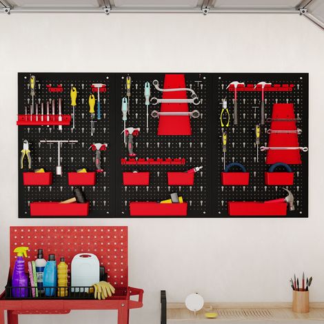 Organiseur Mural en Panneau Perforé Rangement d'Outils en Métal avec 3 Panneaux 34 Accessoires de Suspension Porte-outils à 9 Bacs Rouge (1/3)