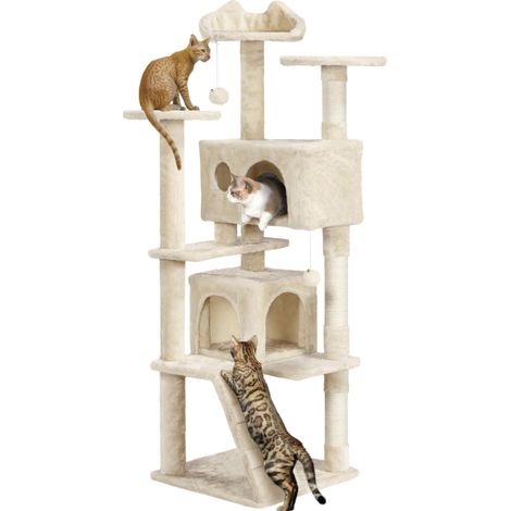 Arbre à Chat 158 cm, Arbre à Grimper avec 2 Niches 3 Plateformes 2 Boules en Sisal Multi-Niveaux Idéal pour 3-4 Chats, Beige (1/5)