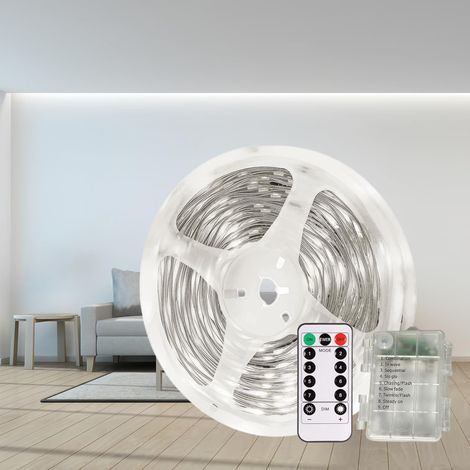 Ruban LED à piles 3m, 90 LEDs Bande LED Alimenté par Batterie Autocollante avec Télécommande, Dimmable, 8 Mode, Minuterie, Étanche Découpable Lumineuse pour Fête, Armoire, Escalier, Blanc Froid (1/5)