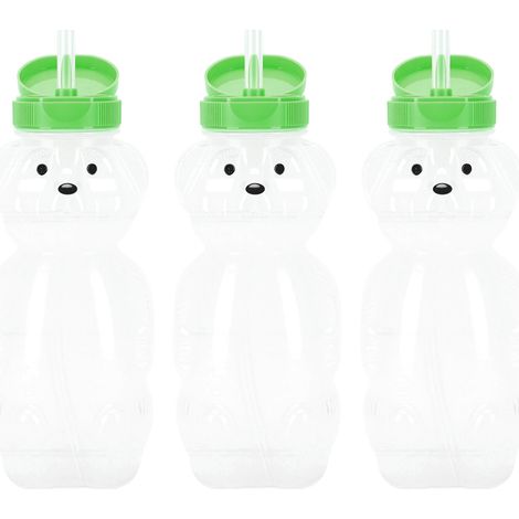 Set di 3 bicchieri con cannuccia a forma di orsetto e coperchio a scatto, 230 ml, in PE e PP, bottiglia riutilizzabile a forma di animale per latte, frutta, tè, coperchio verde. (1/5)