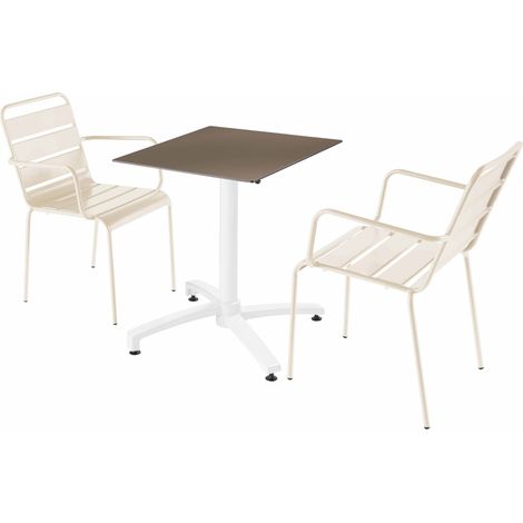 Ensemble table terrasse stratifié taupe et 2 fauteuils ivoire (1/5)
