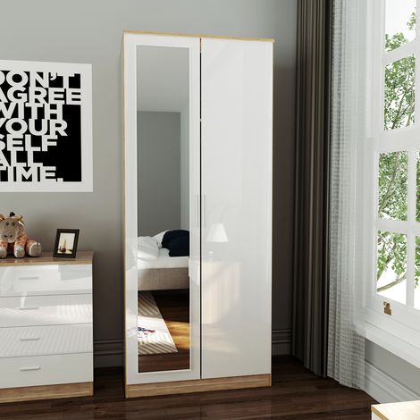 ELEGANT Soft Close 2 Doors Wardrobe with Mirror and Metal Handles Includes a removable hanging rod and storage shelves High Gloss, White/Oak (1/5)
