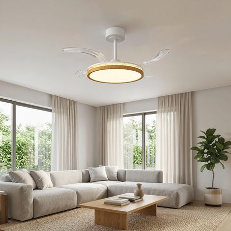 Ventilateur plafond lumière télécommande plafonnier 95cm pales rétractables bois naturel (1/4)