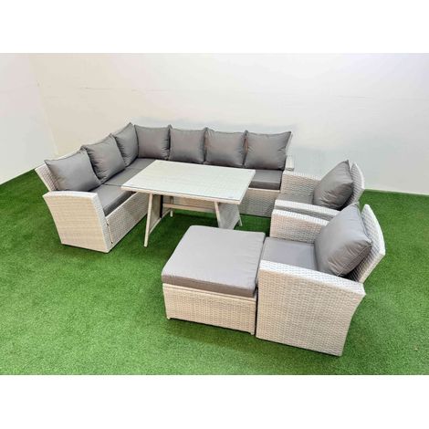Fimous Garden Outdoor Rattan Furniture Set Rattan Corner Sofa Oblong Dining Table with 2 Armchairs Big Footstool Light Grey Mixed 9 Seater (1/4)
