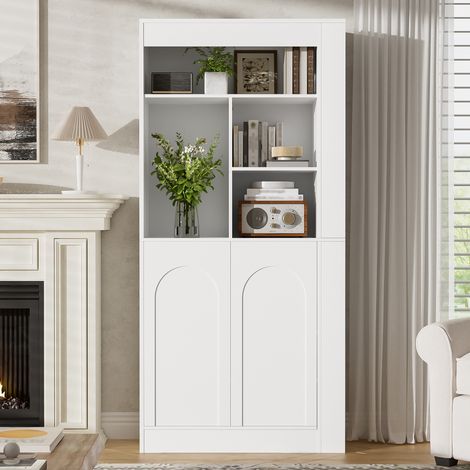 Meuble de rangement blanc moderne, grand placard polyvalent avec niches ouvertes, 2 battants et étagères latérales, idéal pour séjour, salle à manger, bureau ou chambre, dimensions 85 x 35 x 180 cm. (1/5)