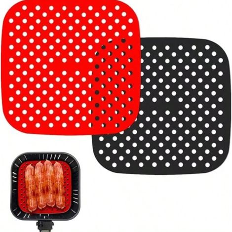 2 Pièces Revêtements Antiadhésifs pour Friteuse à Air, Tapis pour Friteuse à Air Réutilisables, Tapis de Doublure de Friteuse à Air, Coussin de Friteuse à Air en Silicone Réutilisable (Carré) (1/5)