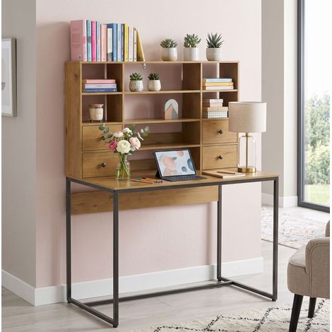 Computerschreibtisch 105 cm mit 4 Schubladen und Regalen, Naturholz OKMYHOME (1/5)