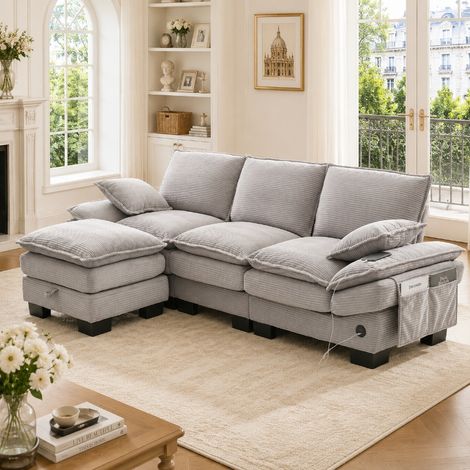 Modulares 3-Sitzer Cordsofa Hellgrau mit Hocker & Stauraum, Ergonomische Couch mit USB-C Anschluss und Seitentaschen, 260x132x84 cm (1/5)