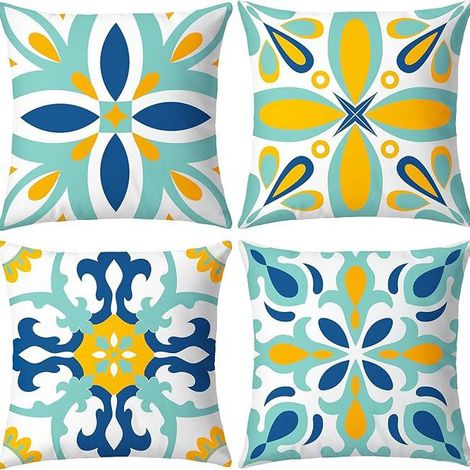 Juego de 4 cojines impermeables para exteriores de 45 x 45 cm con estampado floral azul. Fundas de cojín estilo boho para jardín. (1/5)