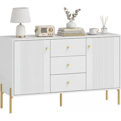Buffet cuisine, meuble de rangement avec 2 portes, 3 tiroirs silencieux, 2 étagères réglables, 5 pieds en acier, blanc (1/5)