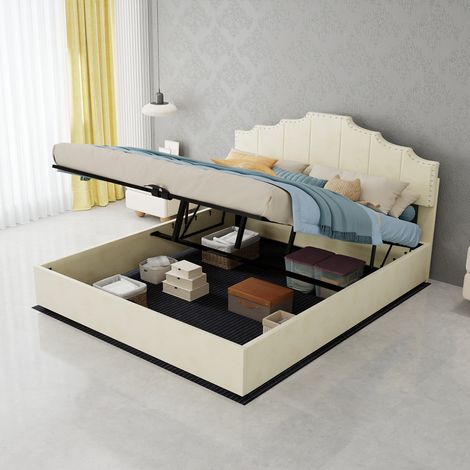 Lit moderne minimaliste en tissu beige 160x200 cm avec tête de lit géométrique capitonnée et sommier à lattes (1/5)