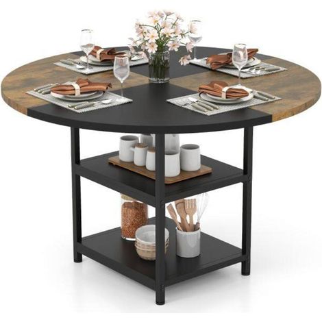 Montage modulable, table à manger ronde 120 cm avec étagères de rangement, 4 à 6 personnes, design bicolore noir (1/5)