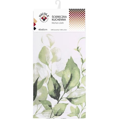 Strofinaccio da cucina in cotone NICOLE, 40x60 cm, art. 52313, bianco, stampa foglie verdi (1/2)