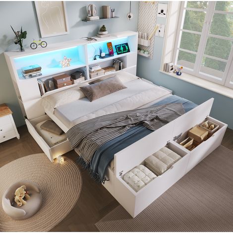 Lit en bois blanc 140x200 cm avec rangement, tiroirs, étagères, LED et ports USB (1/5)