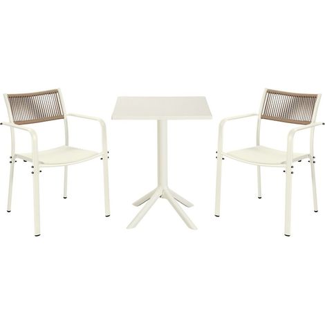 3 Piece Bistro Garden Set with 2 Rope Back Armchairs and Square Table - Plastic/Metal - L56 X W54 X H80 cm - White - Flat Packed