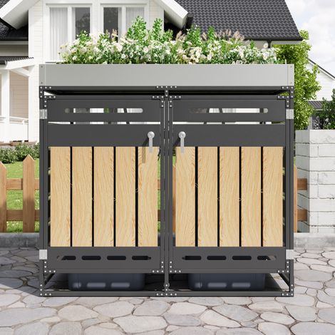 Abri pour 2 poubelles noir en fer avec bac à plantes intégré, ventilation et portes verrouillables