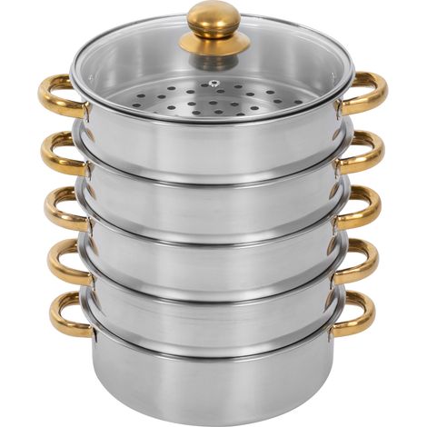 Marmite à cuisson vapeur à 5 niveaux 30 cm - Batterie de cuisine Marmites à cuisson vapeur - Marmites à cuisson vapeur en acier inoxydable - Cuiseur vapeur pour légumes / pommes de terre - doré - 9 L (1/5)