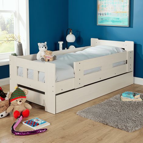 Kids Single Pull Out Trundle Guest Bed Wooden Frame Home Bedroom Furniture White (1/5)