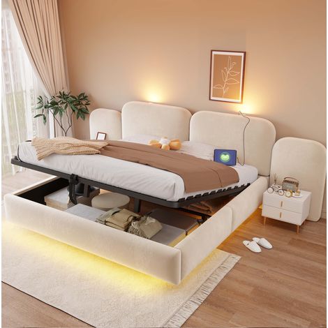Cama canapé 180x200 cm de terciopelo beige con LED RGB, sin colchón - CHICFURN (1/5)