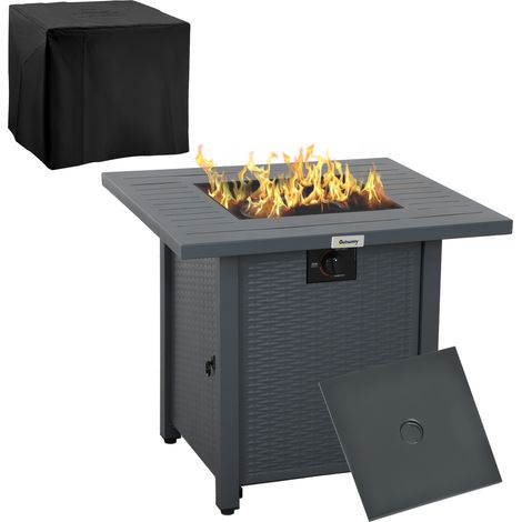 Outsunny Rattan-style Propane Gas Fire Pit Table with 40,000 BTU Burner, Square Smokeless Firepit Patio Heater with Thermocouple, Lava Rocks, Waterproof Cover, Spark Guard and Lid, Grey