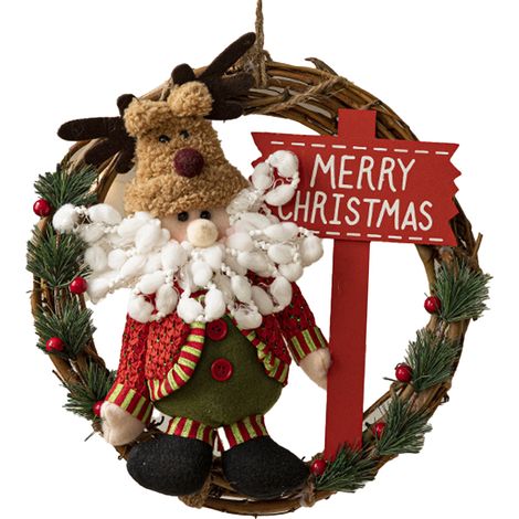 Couronne De Noël En Rotin - Avec Poupée En Tissu - Décoration Murale Pour Porte Et Intérieur - 1 Pièce (1/5)