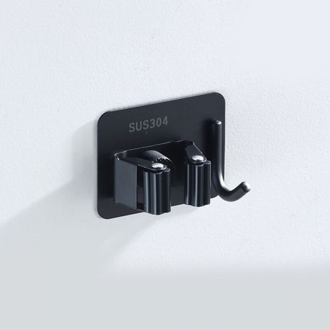 Support Mural pour Serpillière en Acier Inoxydable, Installation sans Percage ni Colle, Porte-Balai Multifonction pour Salle de Bain avec Crochet, Noir