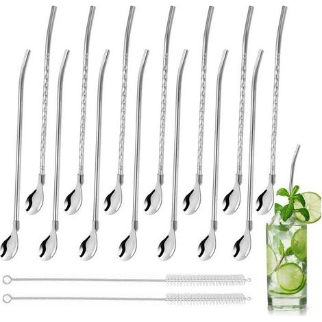 Cuillères et pailles en métal - DOK - Acier inoxydable - 2 en 1 - 22 cm - Lot de 14 - Réutilisable (1/5)