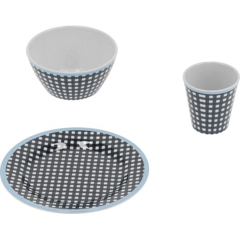 Service de table pour la maison et le restaurant : assiette, bol et tasse à salade de fruits bleu foncé à motif quadrillé. (1/5)