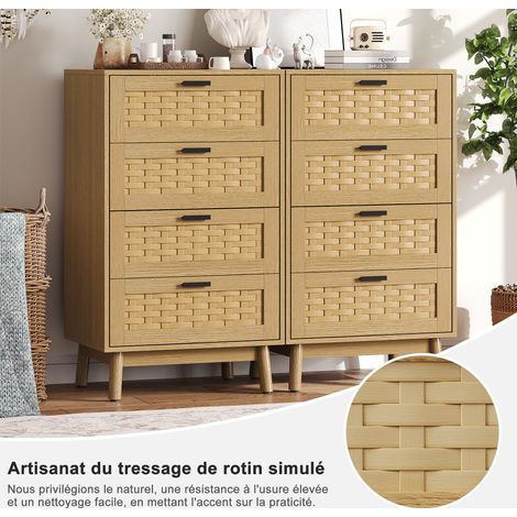 Mobile da camera, Armadio da camera, Mobile contenitore, Cassettiera da camera adulti, Mobile contenitore in PVC Imitazione Rattan – Cassettiera a 4 Cassetti in Colore Legno di Quercia