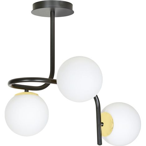Lampadario 3 Luci Kalf In Acciaio Nero A Bracci E Sfere In Vetro Opalino E Oro (1/5)