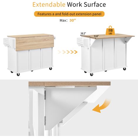 Îlot de cuisine blanc en MDF avec roulettes, plateau extensible, tiroirs et compartiment poubelle pour cuisine et salle à manger (1/5)