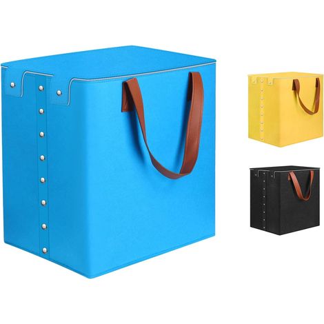 QAZQA Panier à Linge en Feutre, 48L Corbeille a Linge avec Poignées et Couvercle, Pliable Sac à Linge, Organisation Polyvalent, Panier a Linge Sale - Bleu (30×40×40 cm)