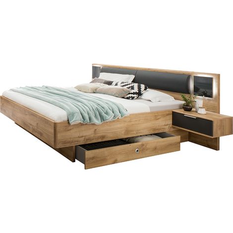 Schlafzimmer Doppelbett mit 2 Bettschubladen, 180x200 cm Liegefläche in Eiche und graphit, inkl. Kopfteilpolster & beleuchtetem Glaspaneel - VIESTE-43 (1/4)
