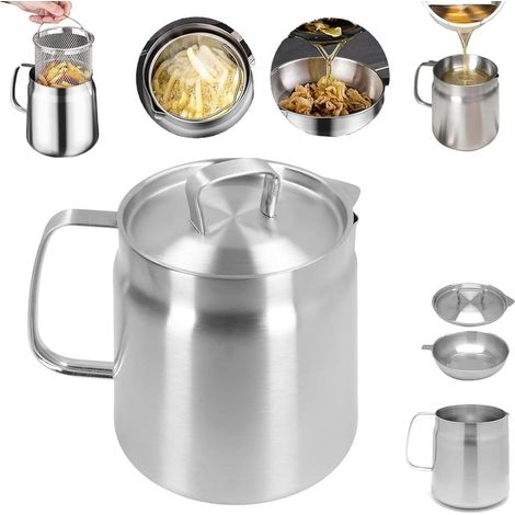 Pot de Filtre à Huile en Acier Inoxydable 304, Récipient à Graisse de Bacon avec Passoire et Couvercle, Distributeur D'huile de Grande capacité pour la Cuisine, (2L) (1/2)
