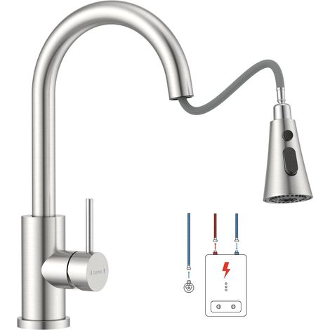 Robinet Cuisine, Mitigeur Cuisine avec Douchette Extractible Rotatif à 360°, avec 2 Modes de Pulvérisation Froid & Chaud Disponible, Acier Inoxydable (1/5)