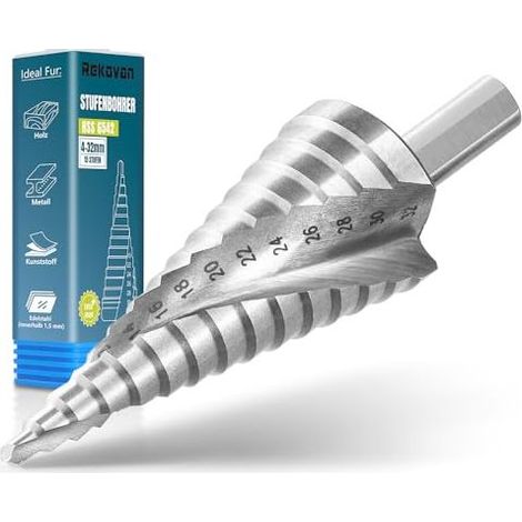 Metallstufenbohrer, 4-32 mm, HSS 6542 Professional für Metall, Stahl, Kunststoff, Holz, Heimwerkerarbeiten, Kegelbohren, Ausbohren, Entgraten, 10 mm Schaft, jedes Bohrfutter - (1/5)