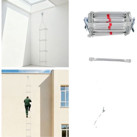 Escalera de rescate de emergencia, 10 m de largo, capacidad de carga de 200 kg, acero y aleación de aluminio, peldaños de 30 cm de longitud y separación entre peldaños de 40 cm. (1/5)